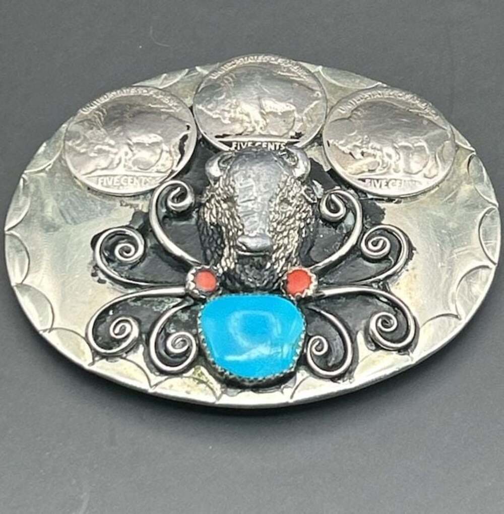 Vintage Squaw Wrap Navajo Buffalo Nickel Belt Buckle with Turquoise and Coral